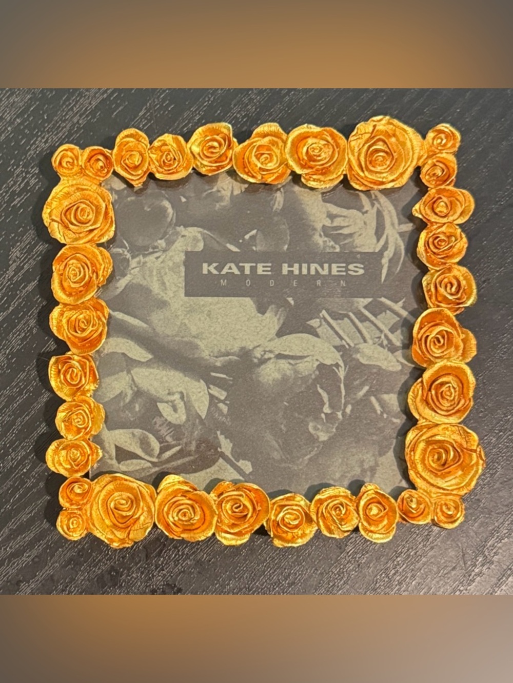 Kate Hines Gold-Tone Floral Picture Frame. Measurements pictured.
